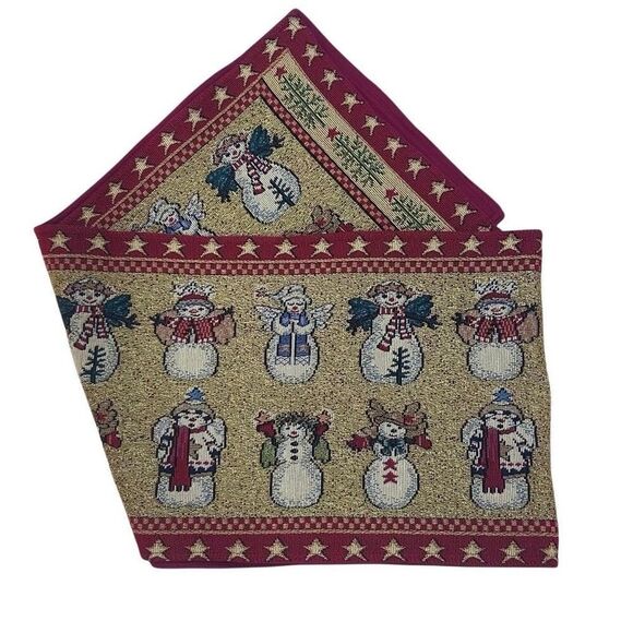 Vintage Christmas Tapestry Table Runner 72"x 13" Red Gold Snowman Angels Holiday - Picture 1 of 9